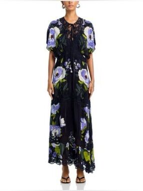 FARM Rio Soft Garden Black Laces Short Sleeve Maxi Dress Size XS